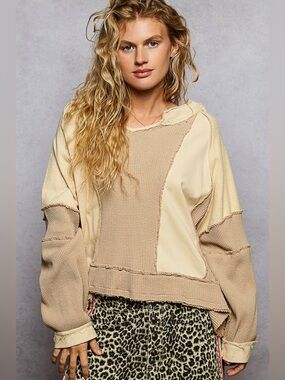 POL- Frayed Patchwork French Terry Knit  Beige L Large